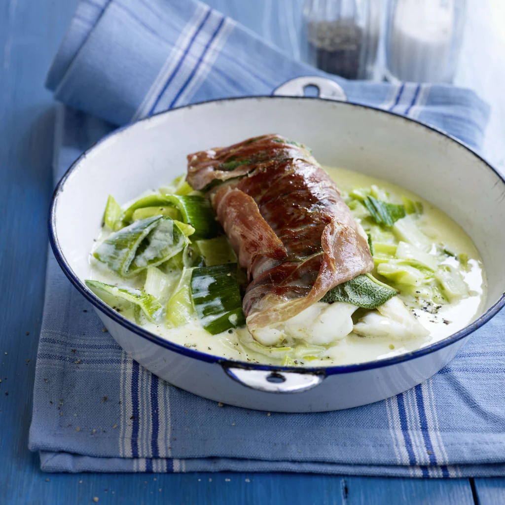 Lauchgemüse mit Fischsaltimbocca