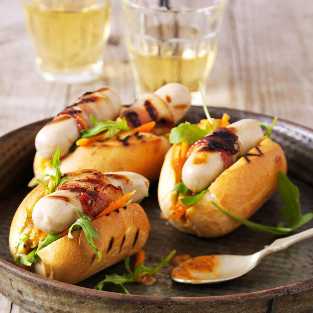 Hot-dog avec chipolata enrobée de lard grillé