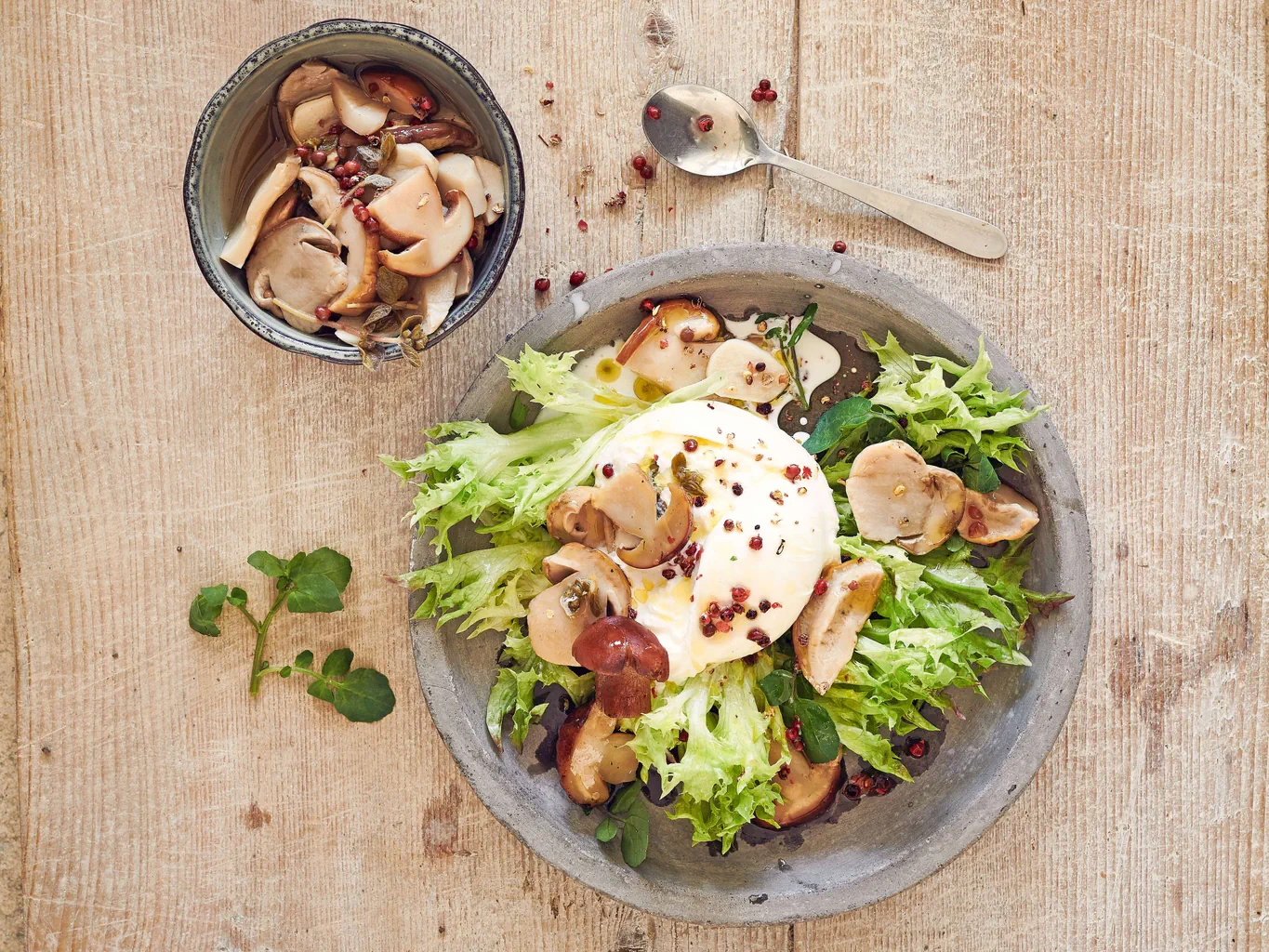 Porcini sott'aceto con insalata e mozzarella