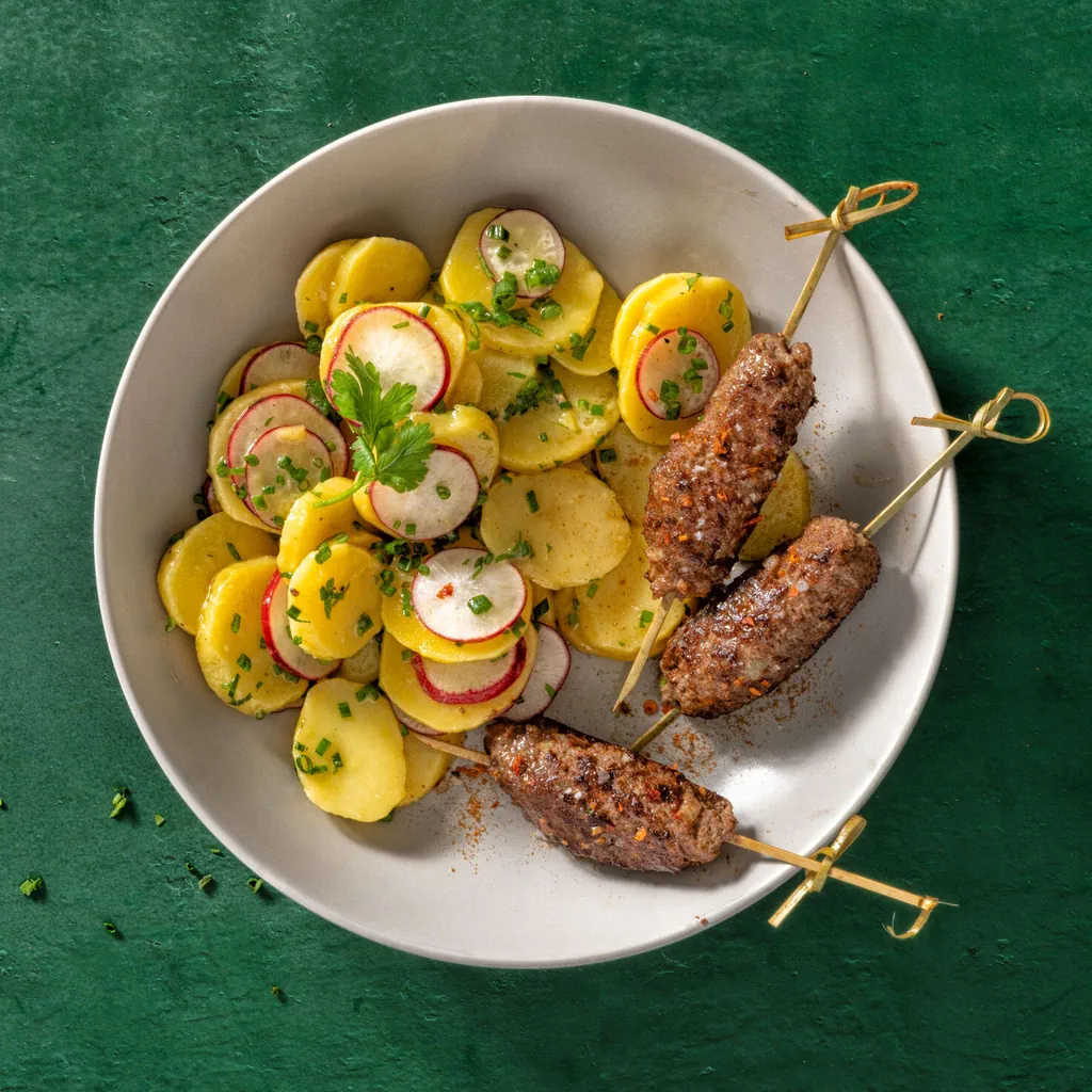Kartoffelsalat mit Hackfleischspiessli