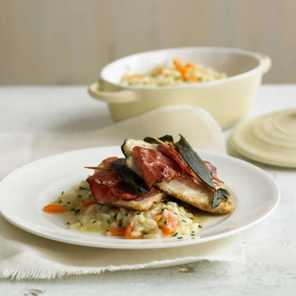 Saltimbocca de truite et risotto aux carottes