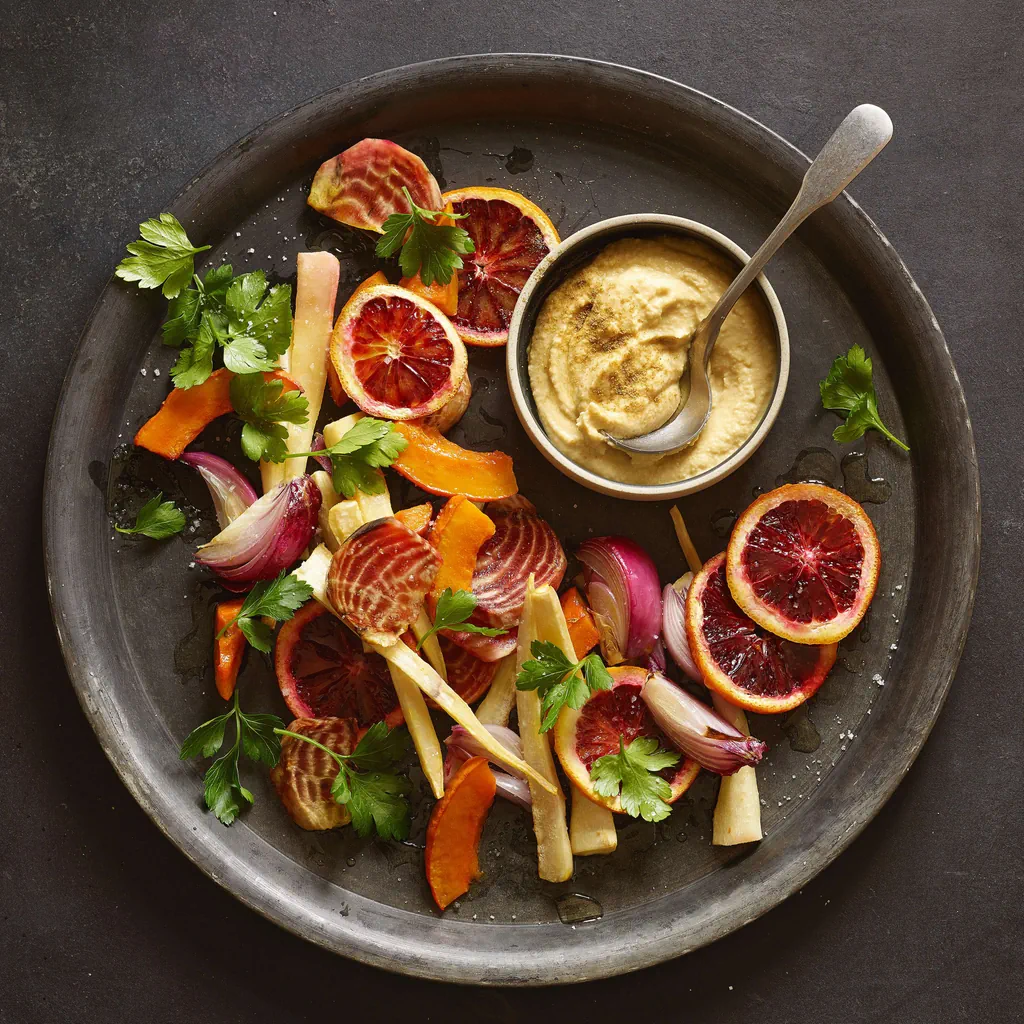 Légumes à l'orange sanguine avec houmous