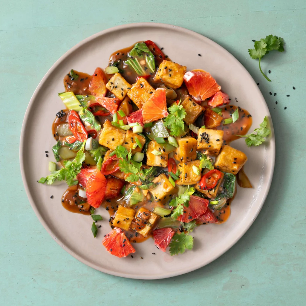 Tofu all'arancia sanguigna con pak choi