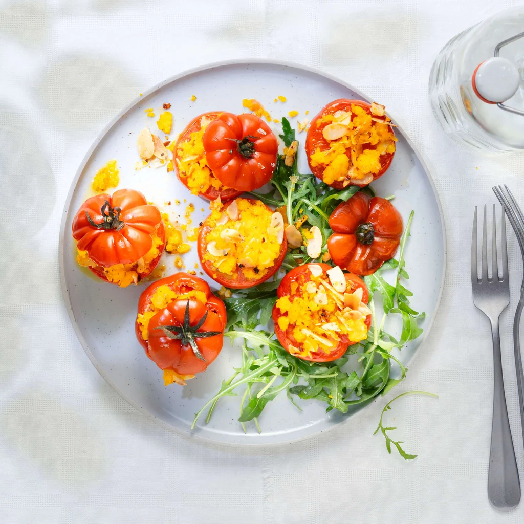 Tomaten mit Polenta-Mandel-Streusel
