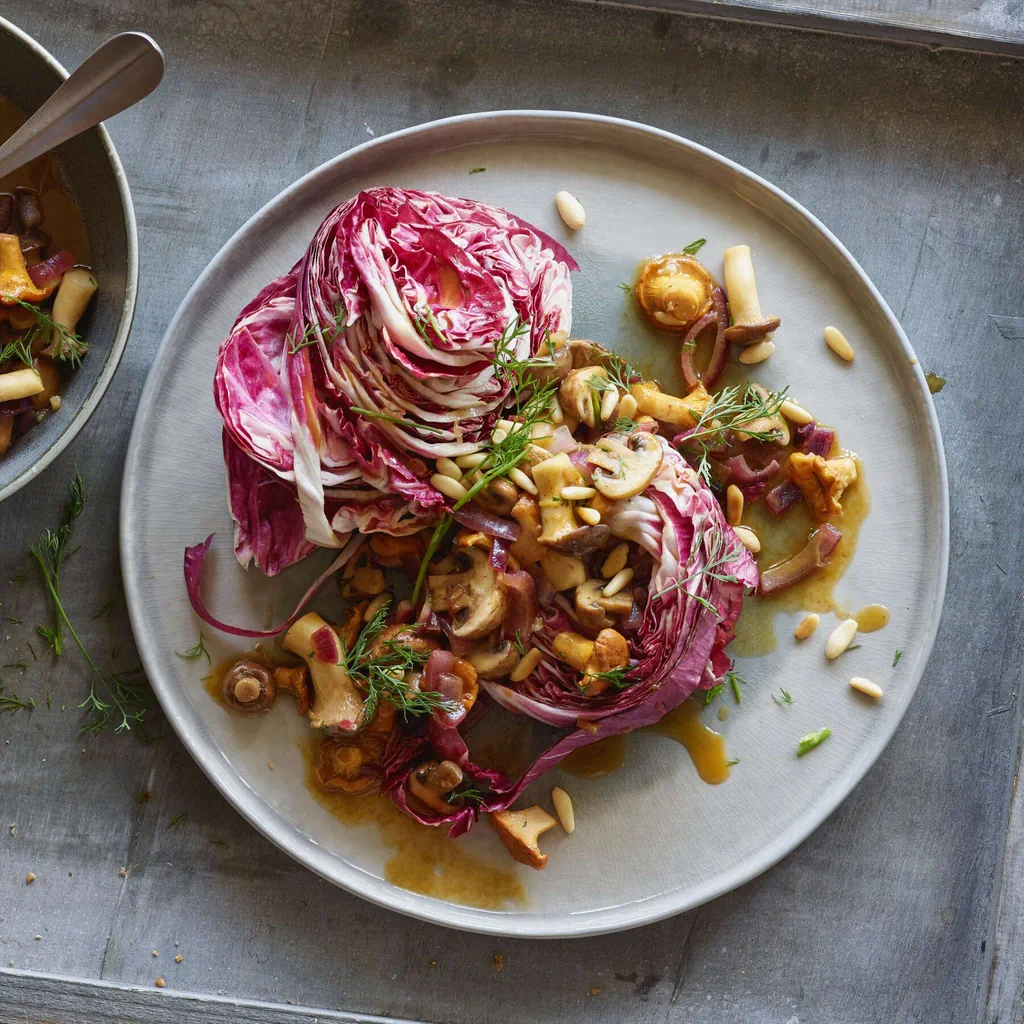 Insalata di funghi con cicorino rosso e pane integrale
