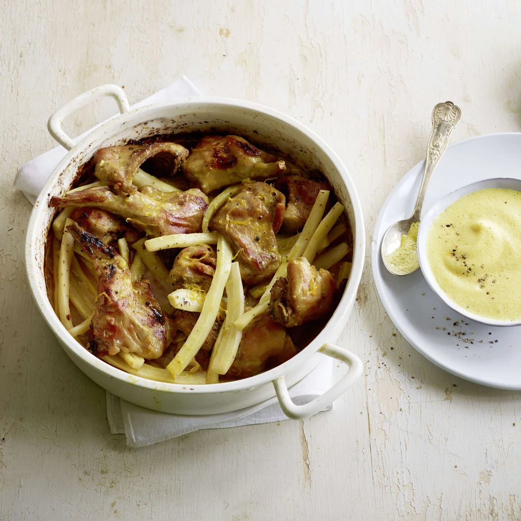 Lapin avec salsifis et sauce mousseline au safran