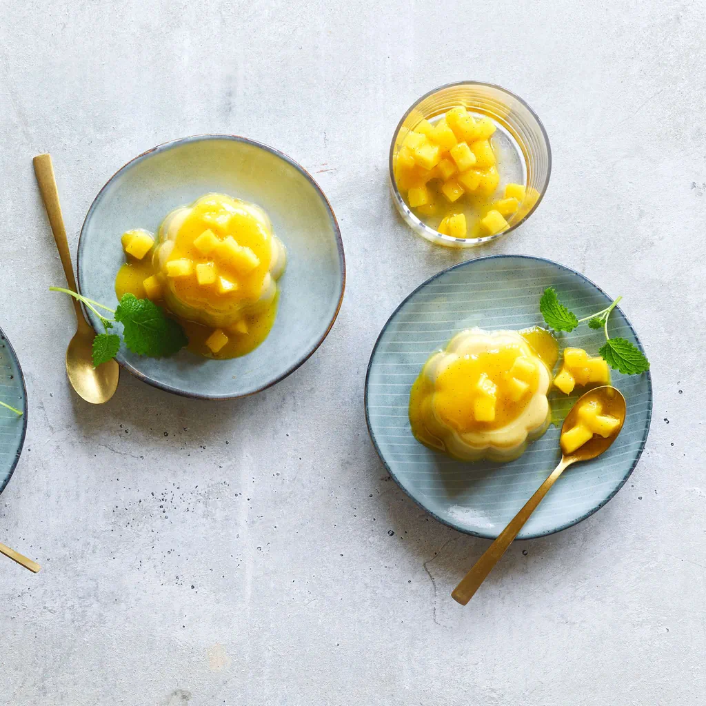 Panna cotta de tofu soyeux à la mangue