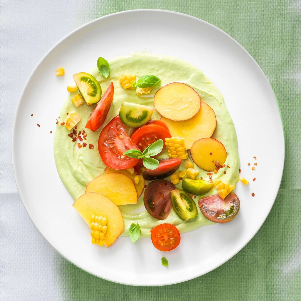 Crema di avocado con nettarine e mais
