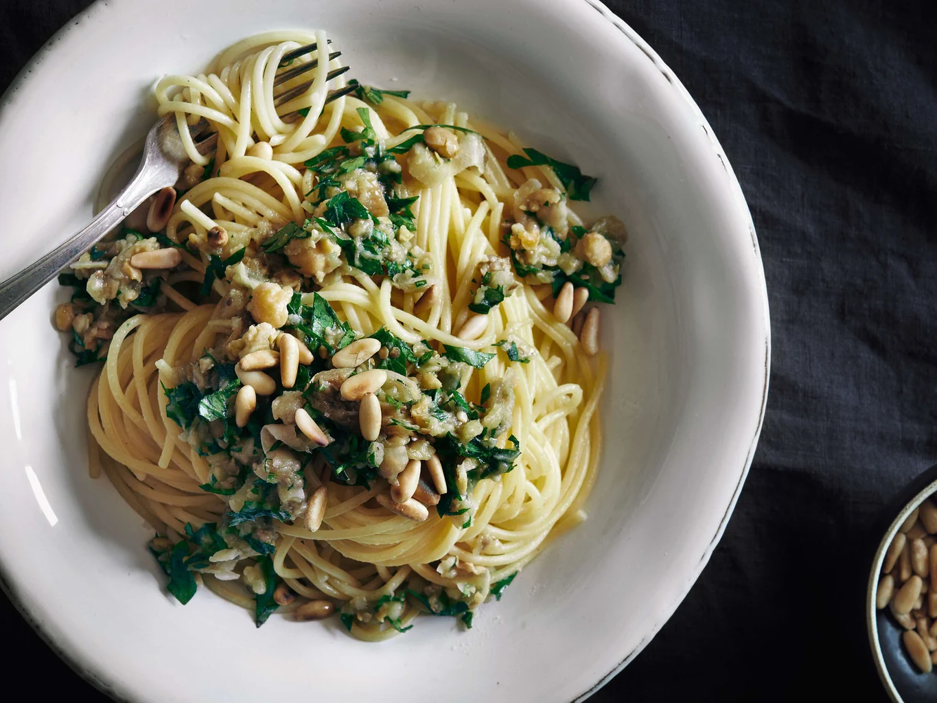 Spaghetti aux aubergines et pois chiches