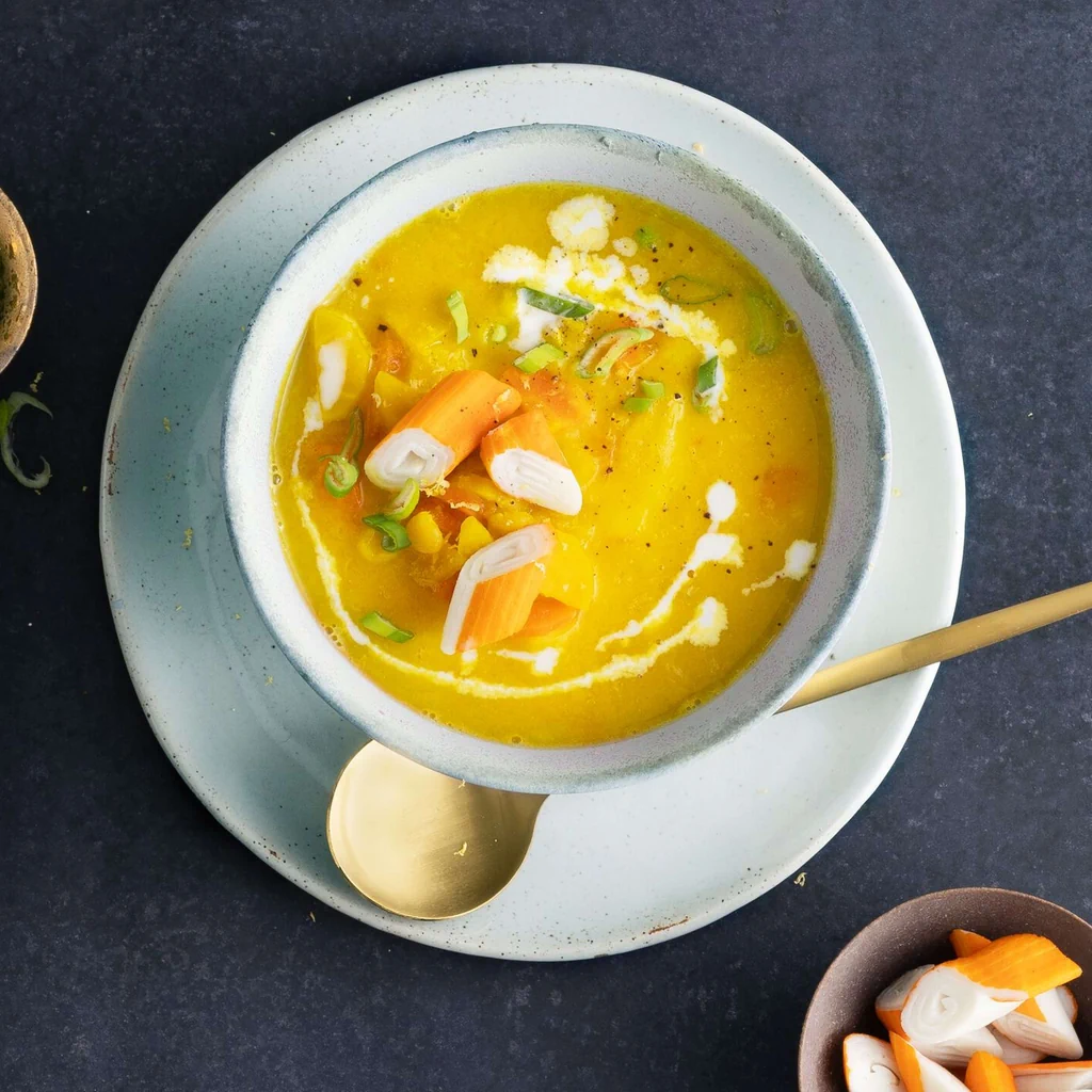 Safran-Gelberbsen-Suppe mit Surimi