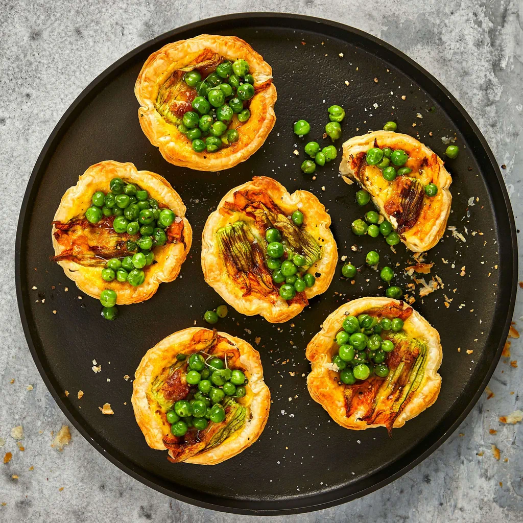Erbsen-Tartelettes mit Zucchettiblüten