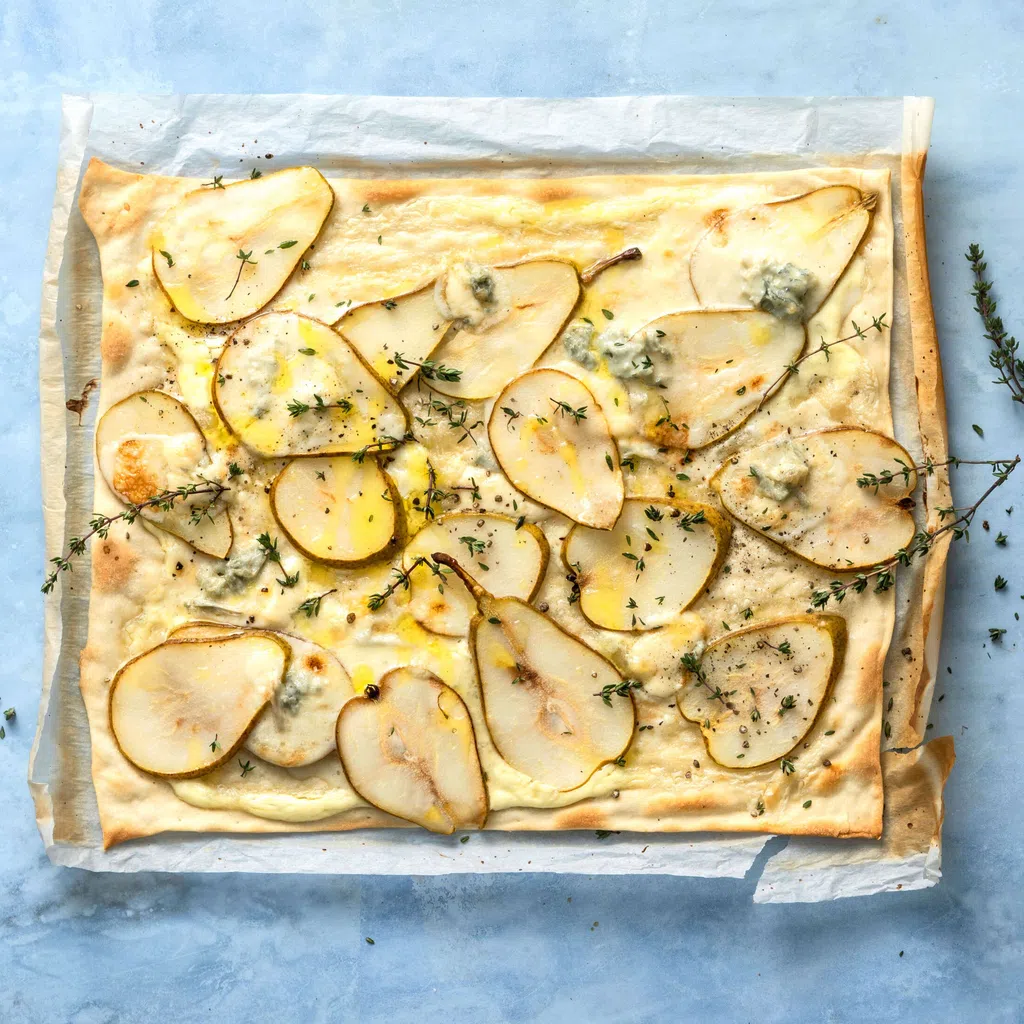 Flammkuchen mit Birne und Blauschimmelkäse