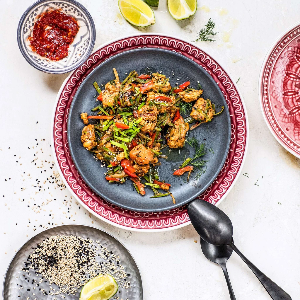 Tempeh mit Melone und Kefen