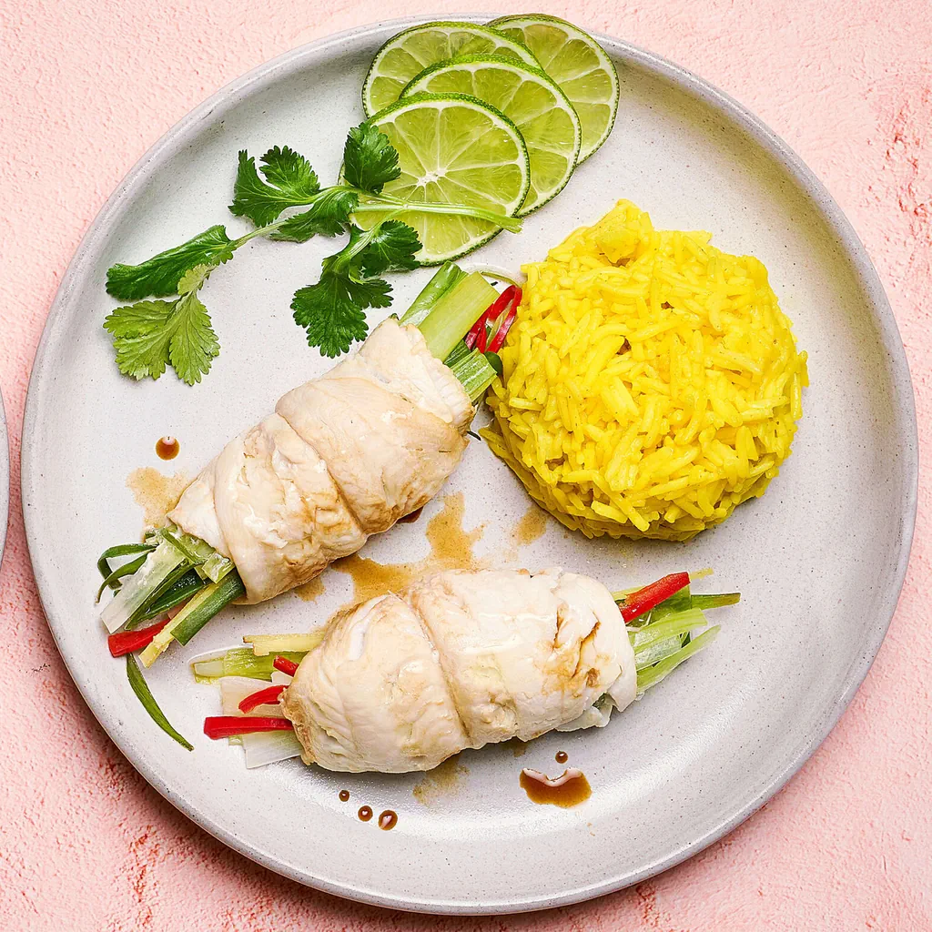 Gedämpfte Fischröllchen mit Ingwer