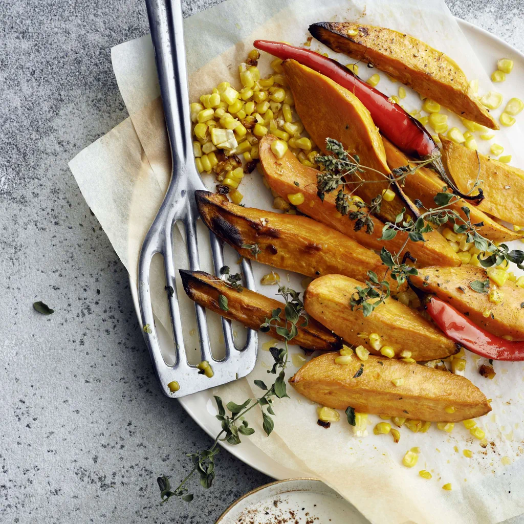 Spicchi di patate dolci con mais al forno