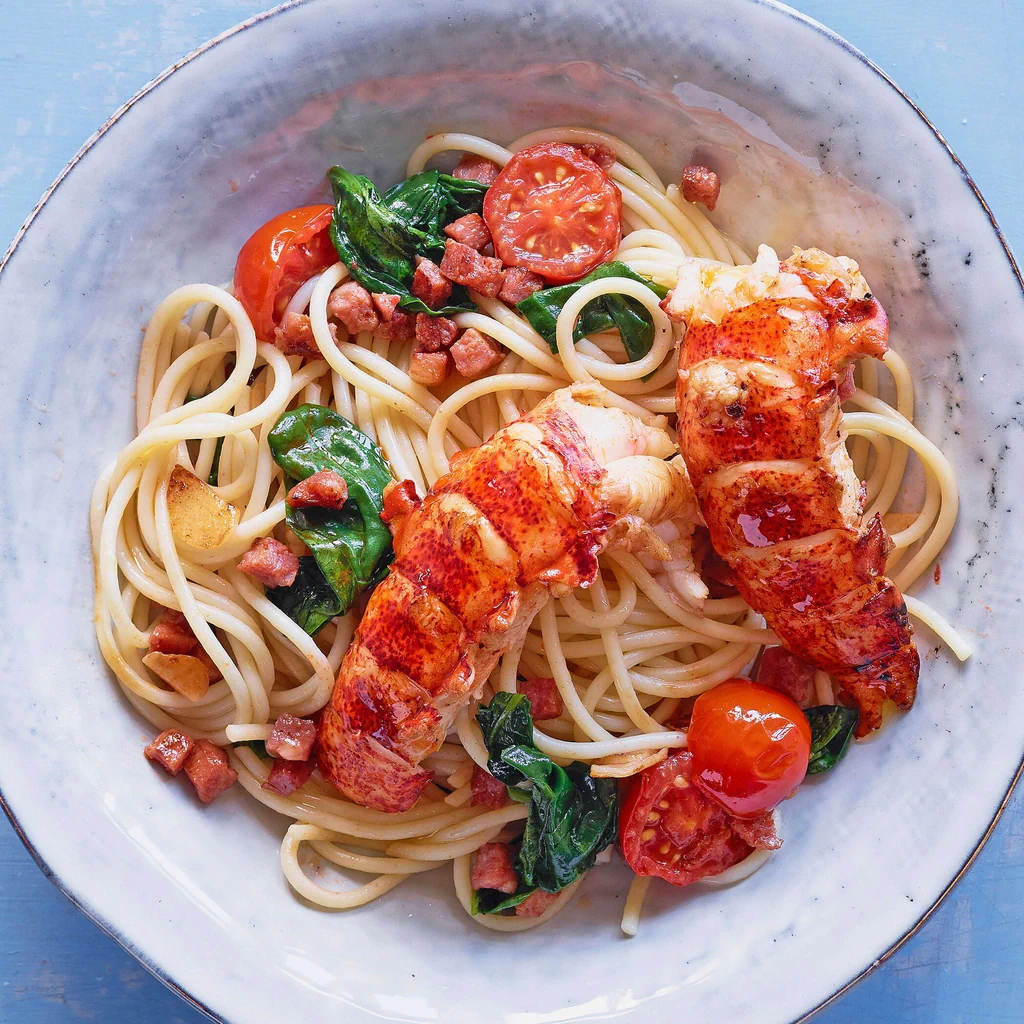 Lobster-Spaghetti mit Speck