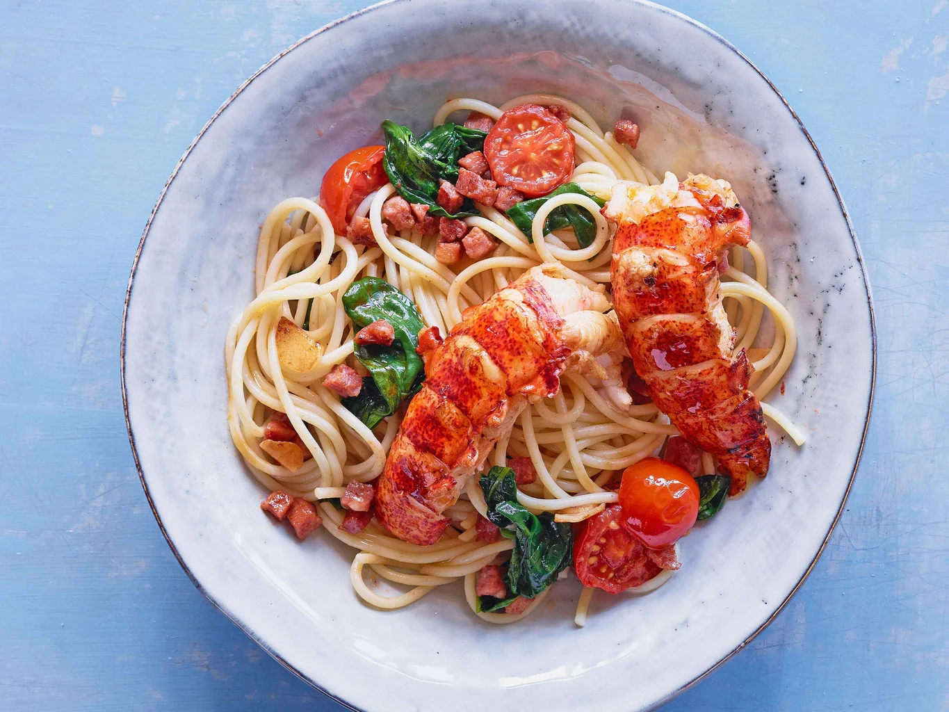 Lobster-Spaghetti mit Speck