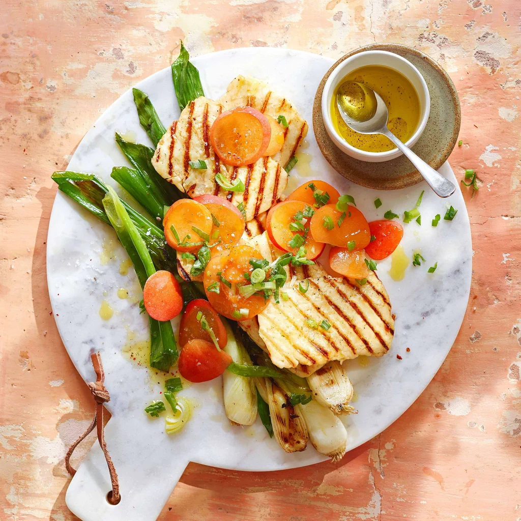 Aprikosen auf Halloumi