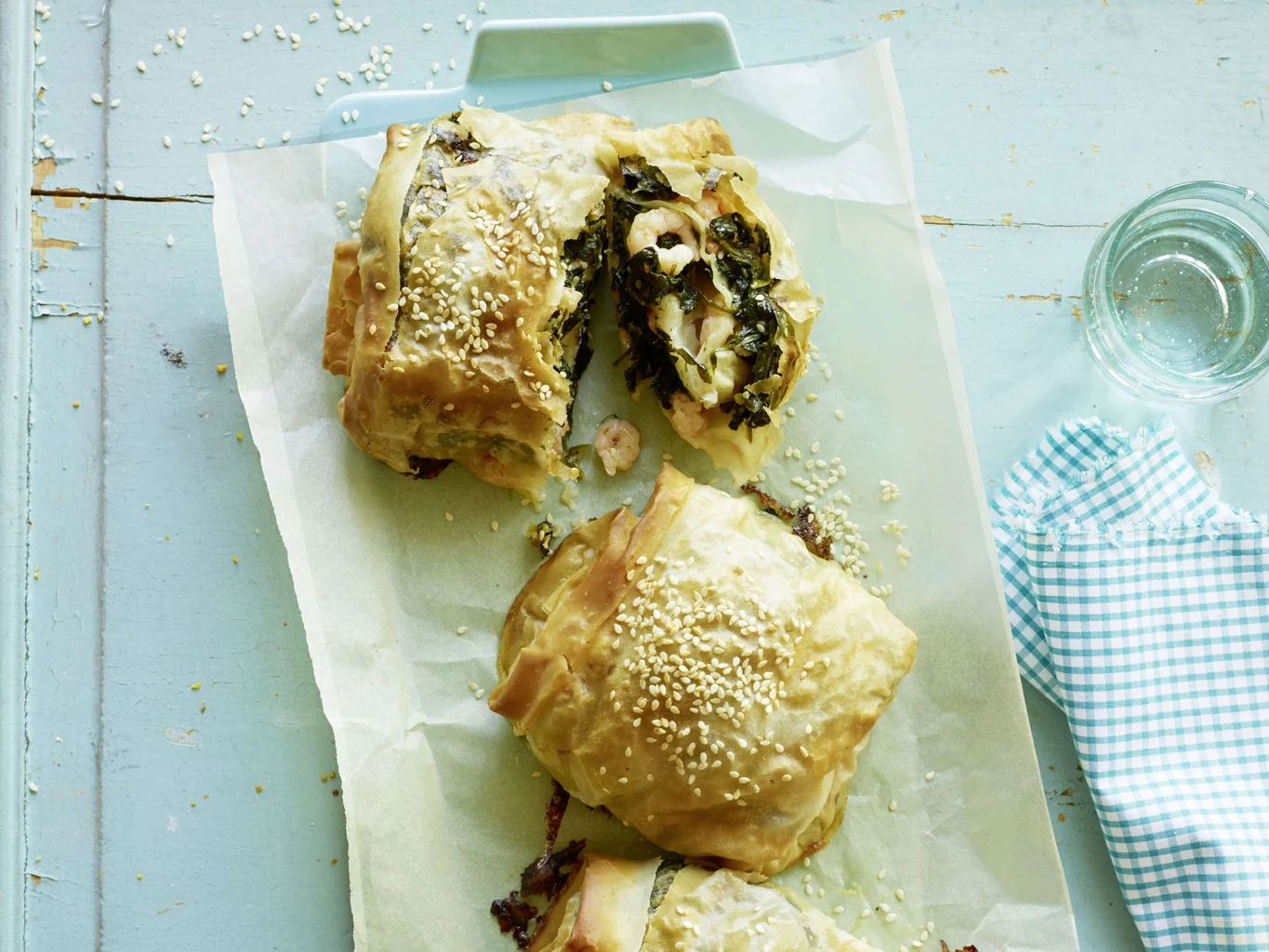 Currystrudel mit Crevetten und Spinat