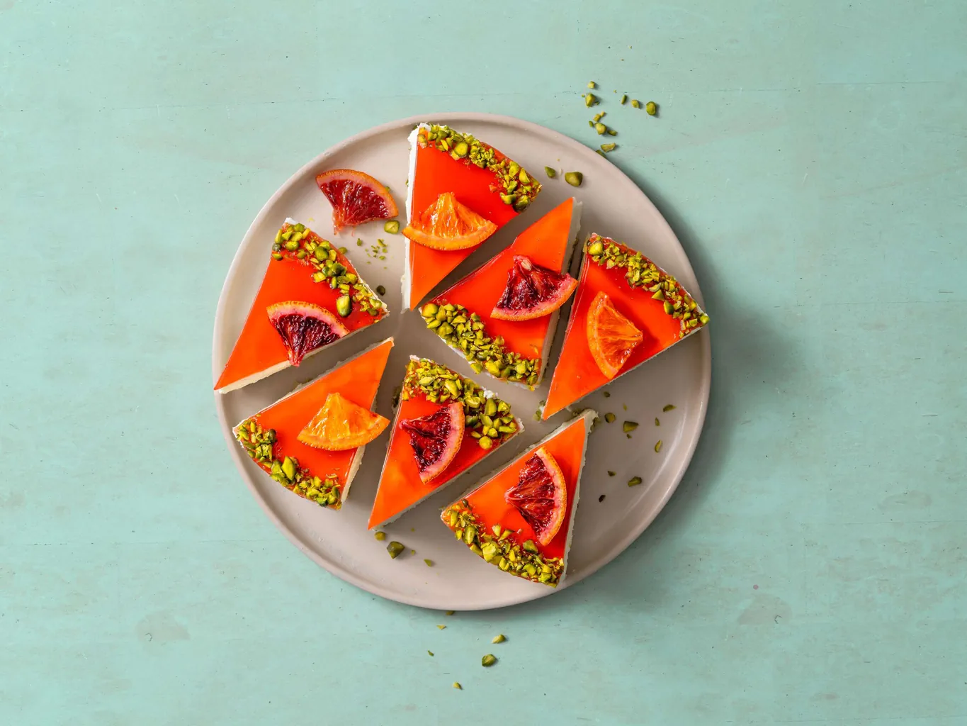 Quarktorte mit Blutorangen und Pistazien