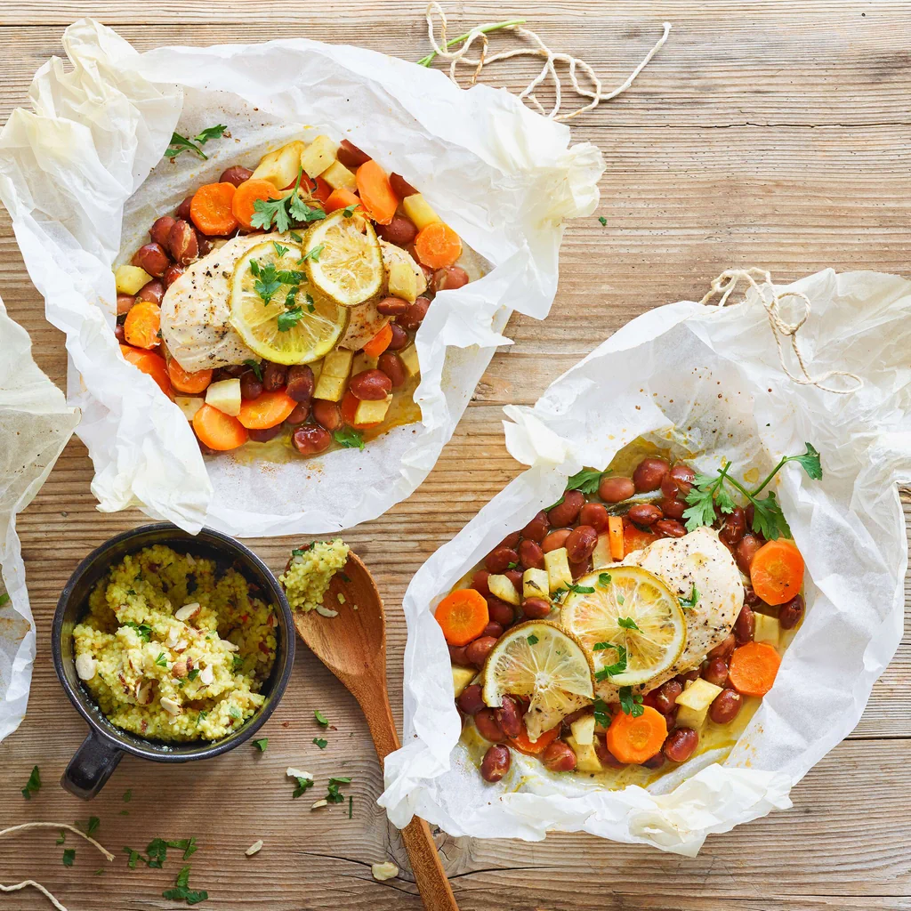 Poulet aux haricots et millet aux noisettes