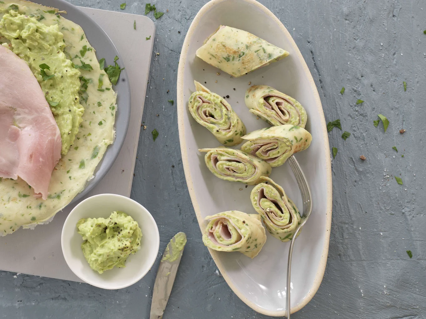 Laktosefreie Kräutercrêpes mit Schinken