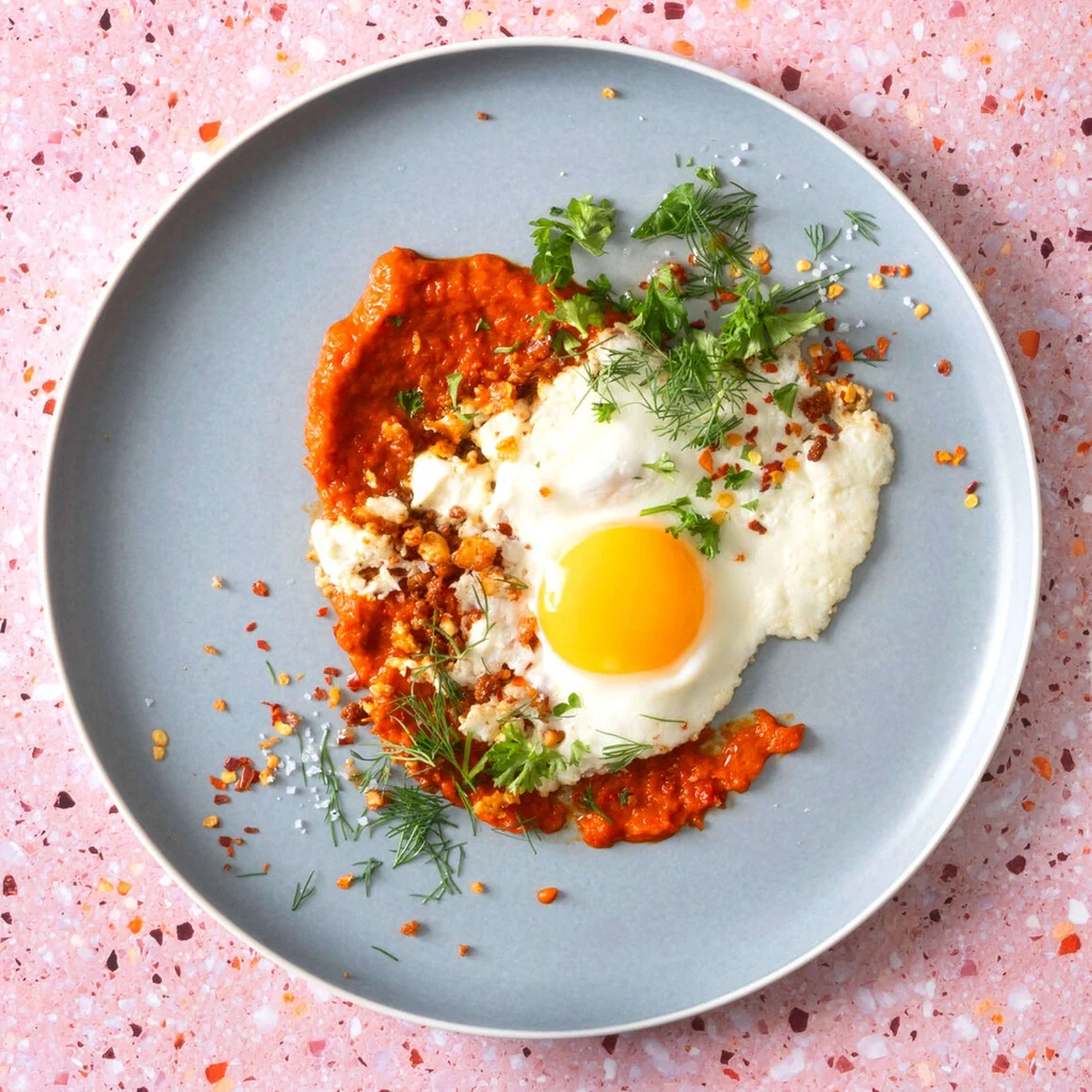 Uova con feta croccante su letto di ajvar