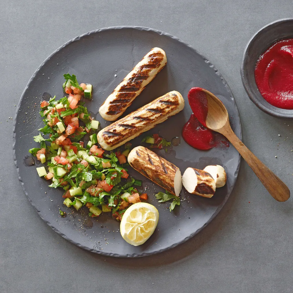Saucisse à rôtir végane avec salade de tomates et concombre