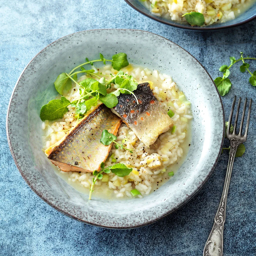 Filet de truite sur risotto à la rhubarbe