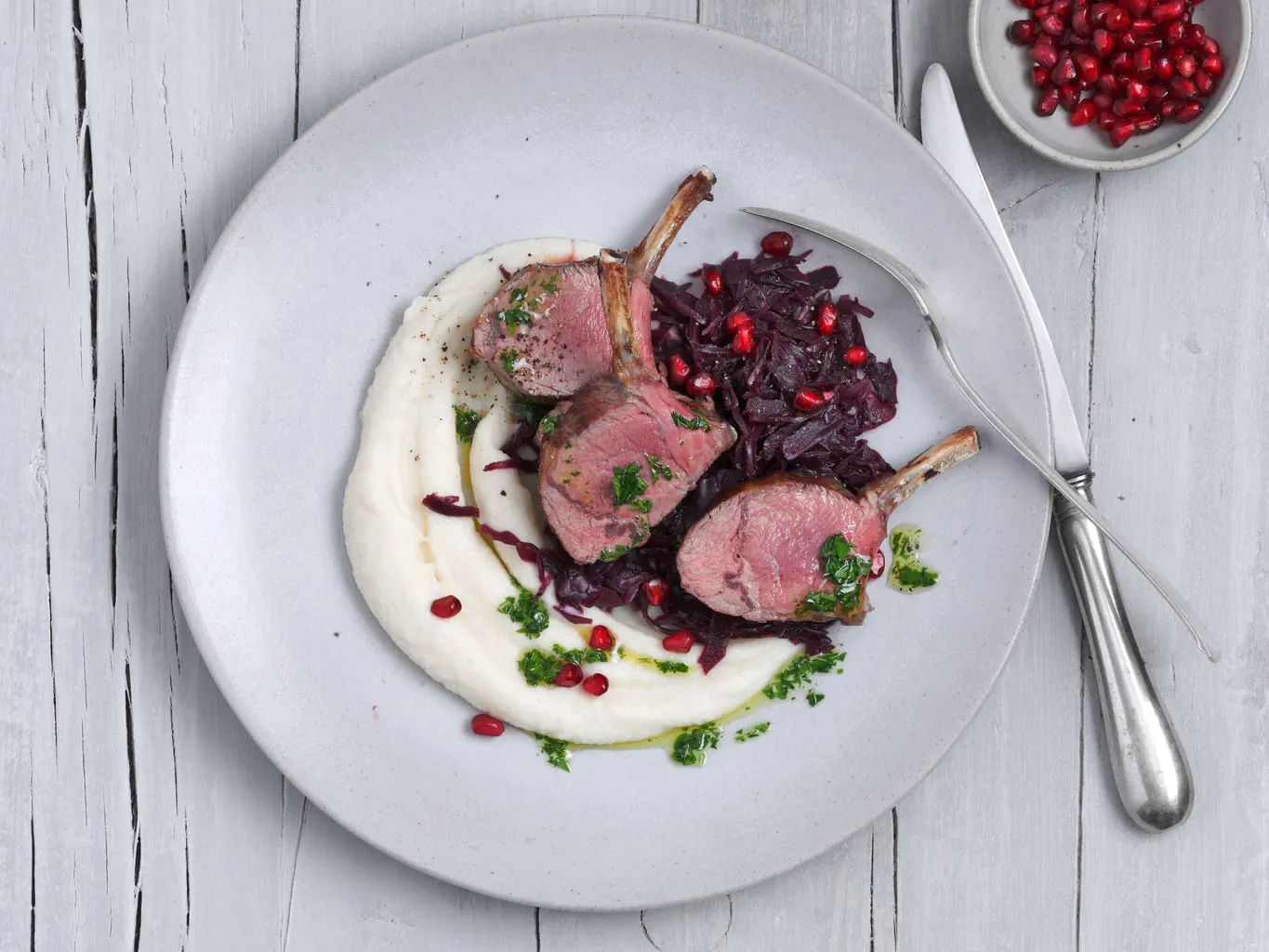 Purée de céleri avec chou rouge et agneau