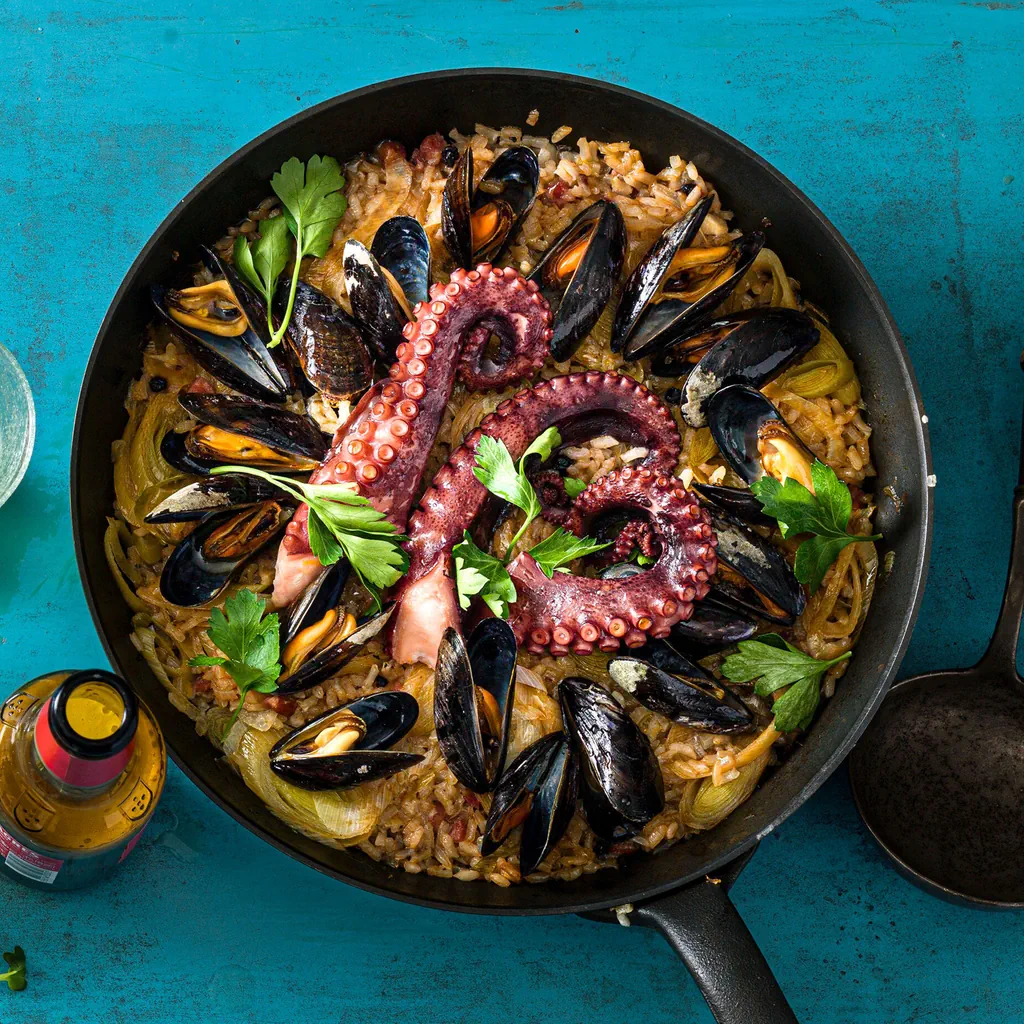 Paella mit Muscheln und Pulpo