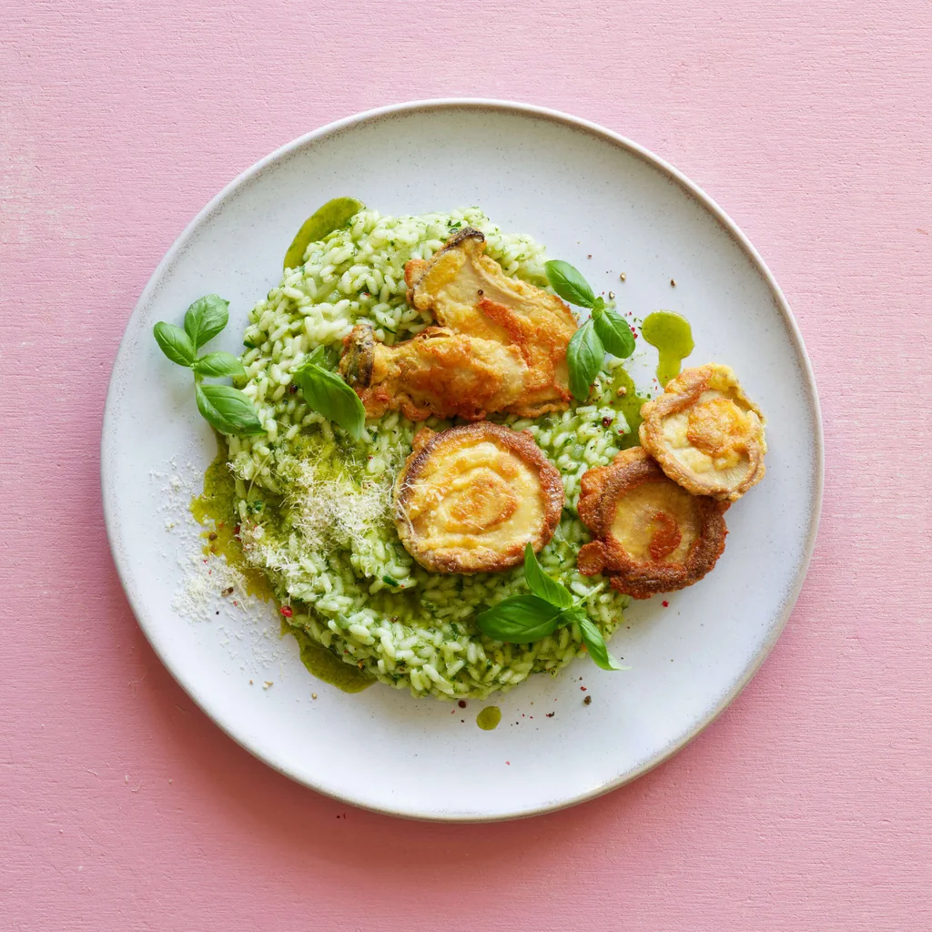 Pilzpiccata mit Basilikumrisotto
