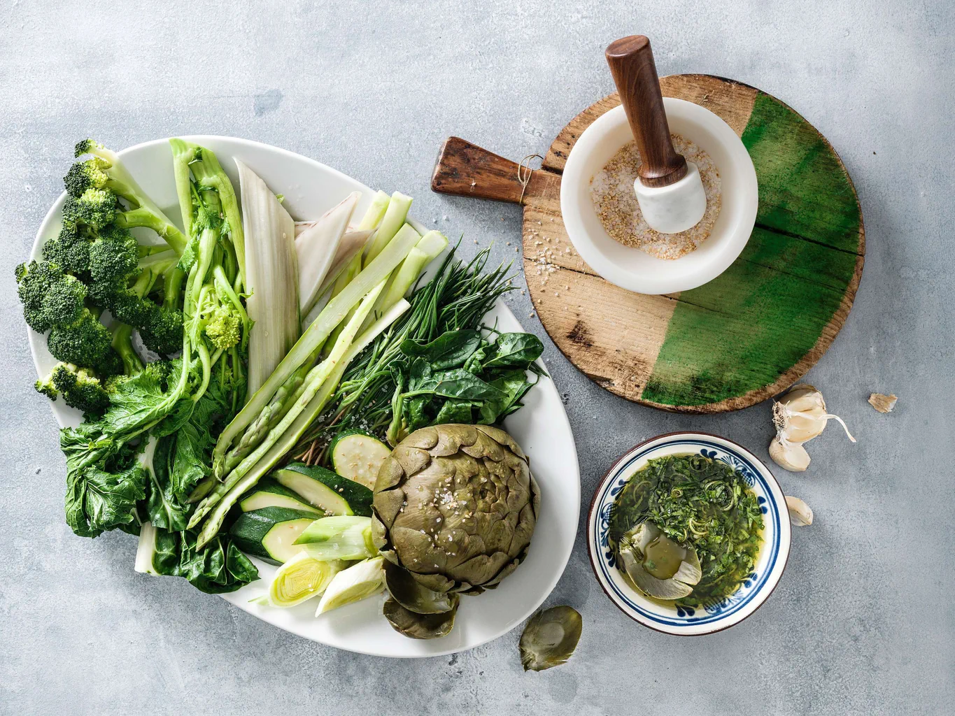 Légumes avec sel de sésame et huile aux fines herbes