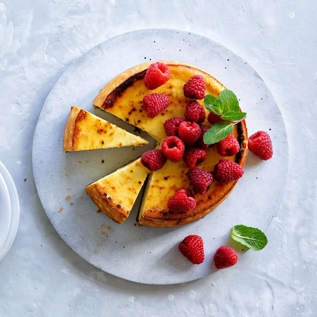 Crème-brûlée-Cheesecake mit Himbeeren