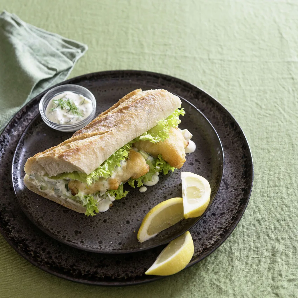 Fischbrötchen mit Gurken-Dill-Sauce