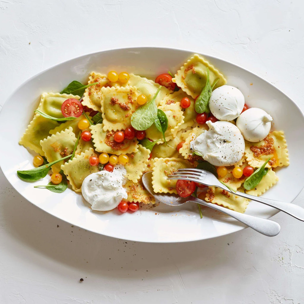 Ravioli mit Cherrytomaten und Burrata
