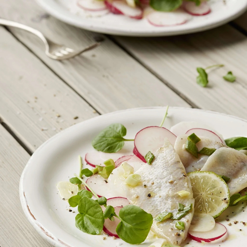 Ceviche di persico con ramolaccio e ravanelli