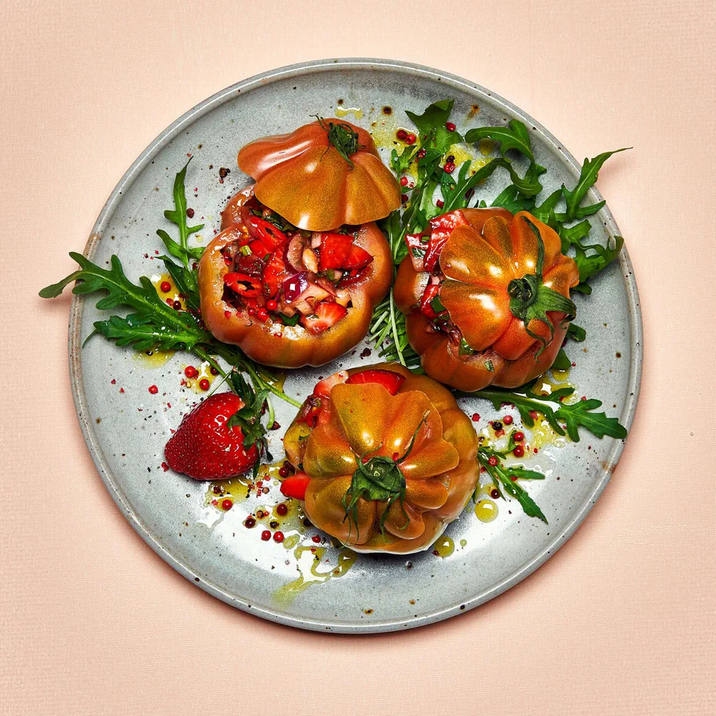 Insalata di pomodori e fragole in pomodori cuore di bue