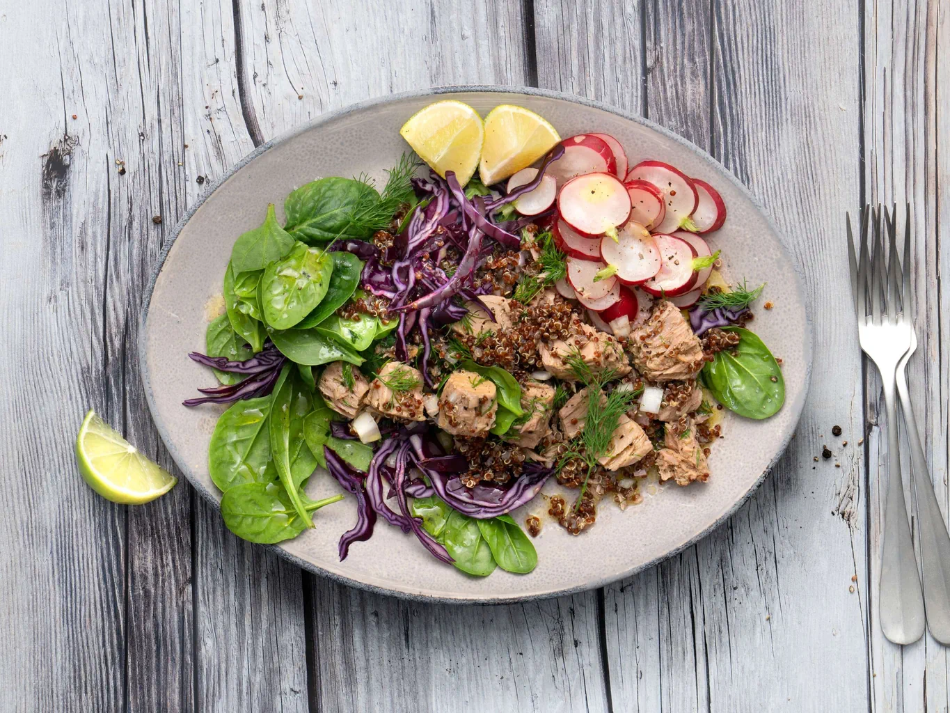 Salade de quinoa au thon et aux radis roses