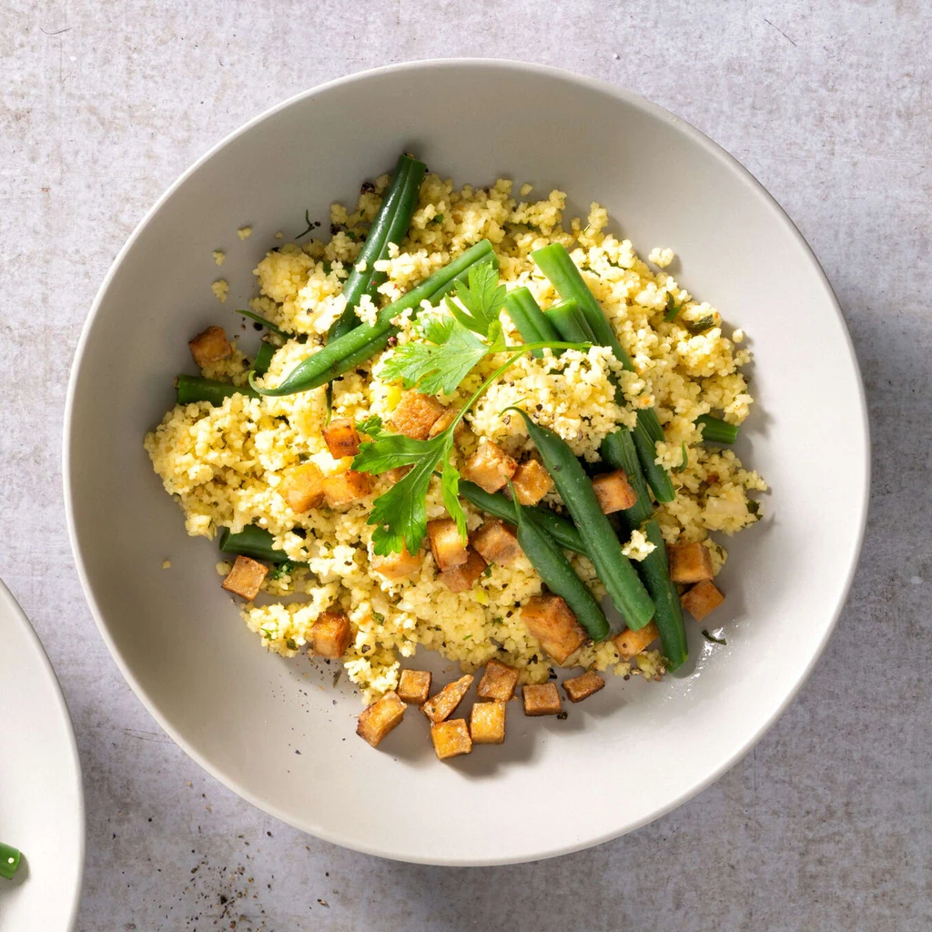 Taboulé aux haricots verts et croûtons de tofu