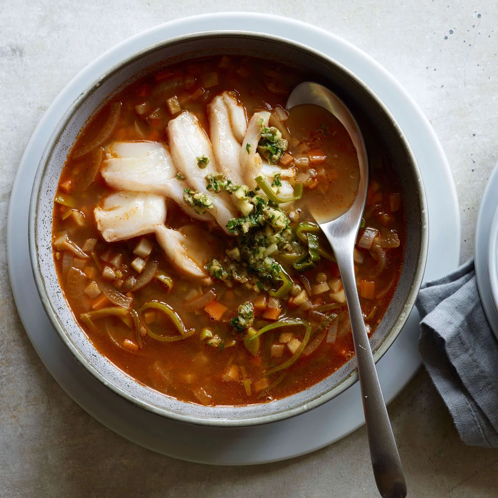Linsensuppe mit Kabeljau und Kapernpesto