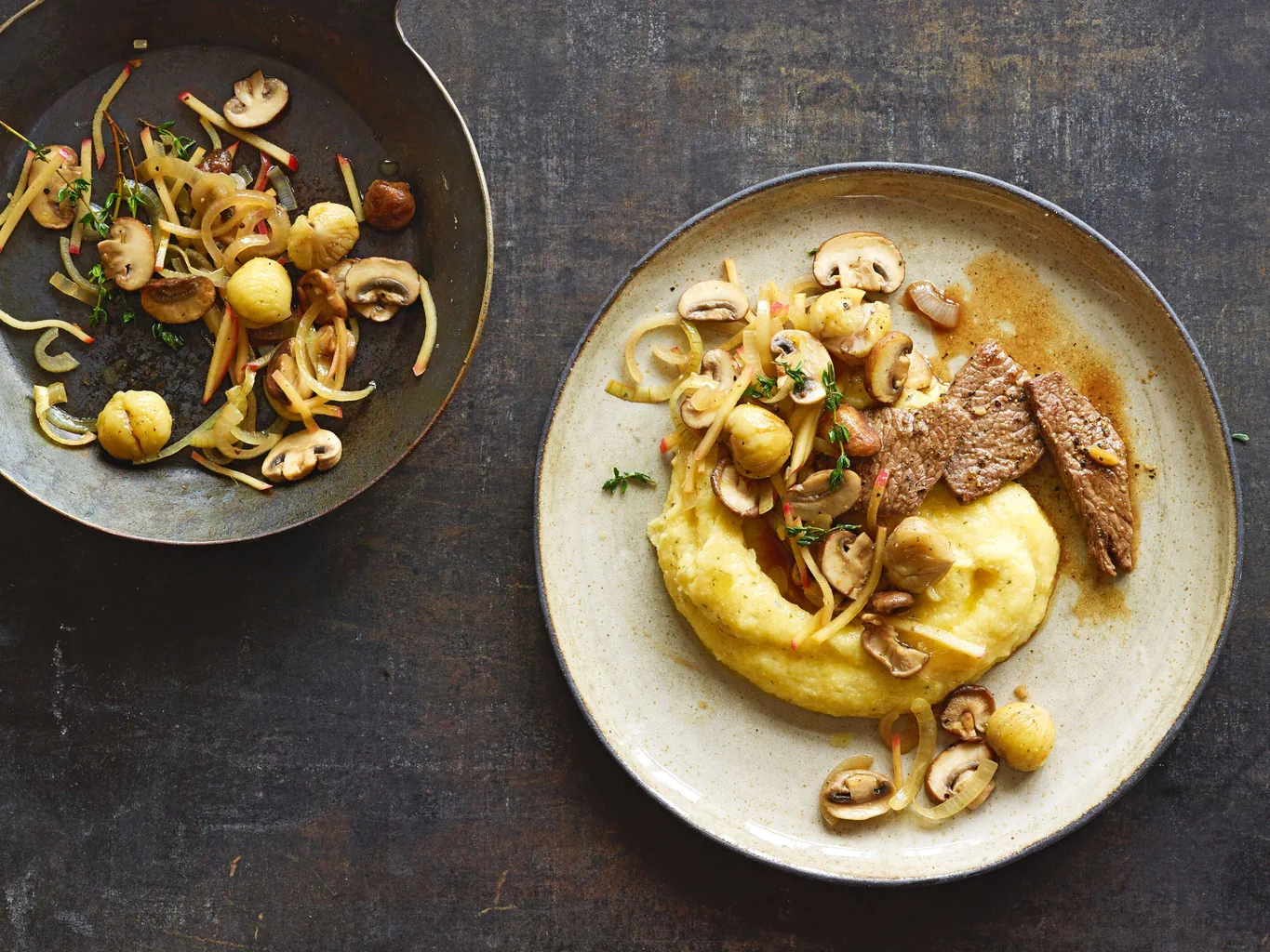 Polenta di semolino con funghi e scaloppine di manzo