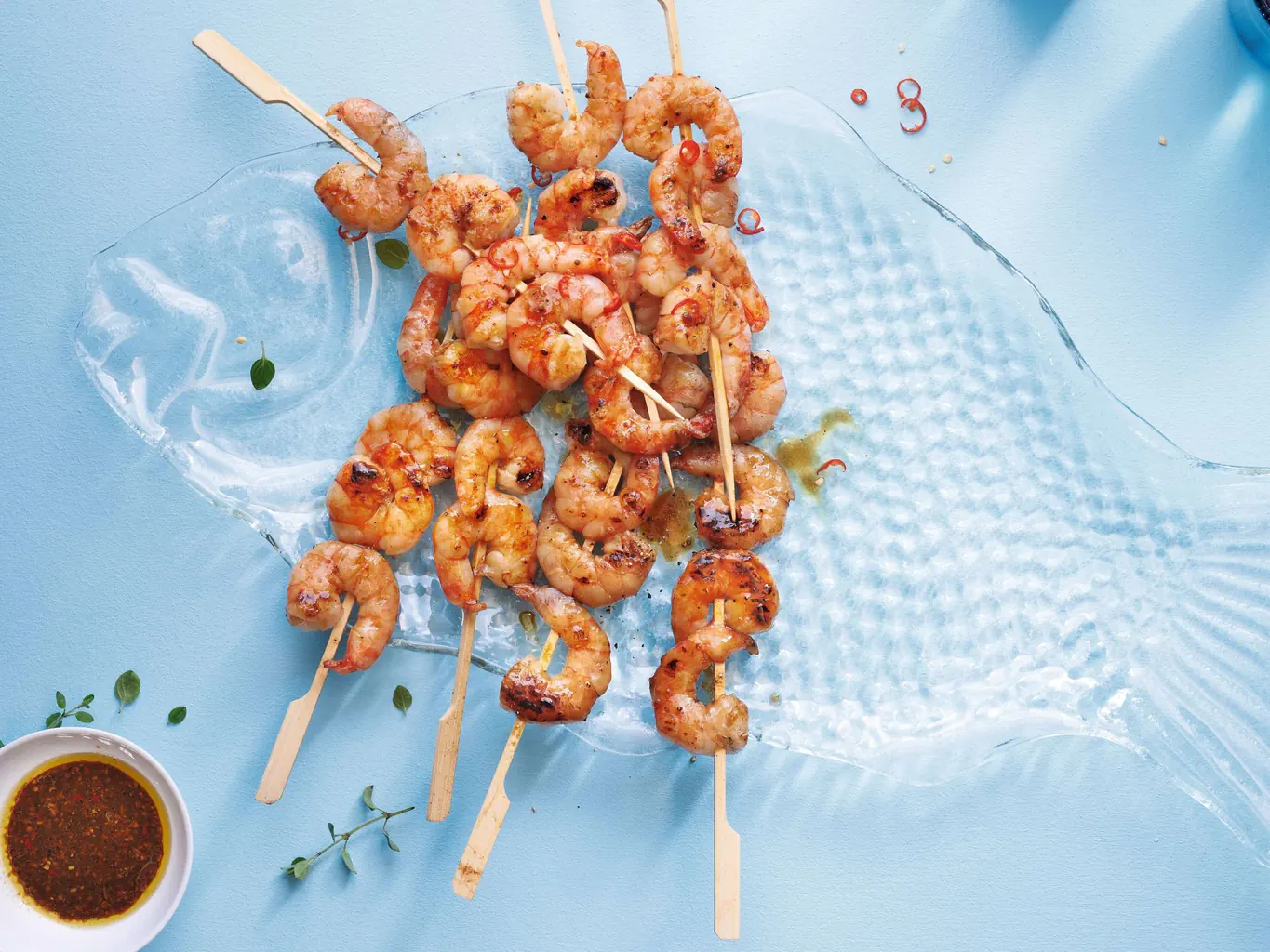 Brochettes de crevettes aux deux marinades