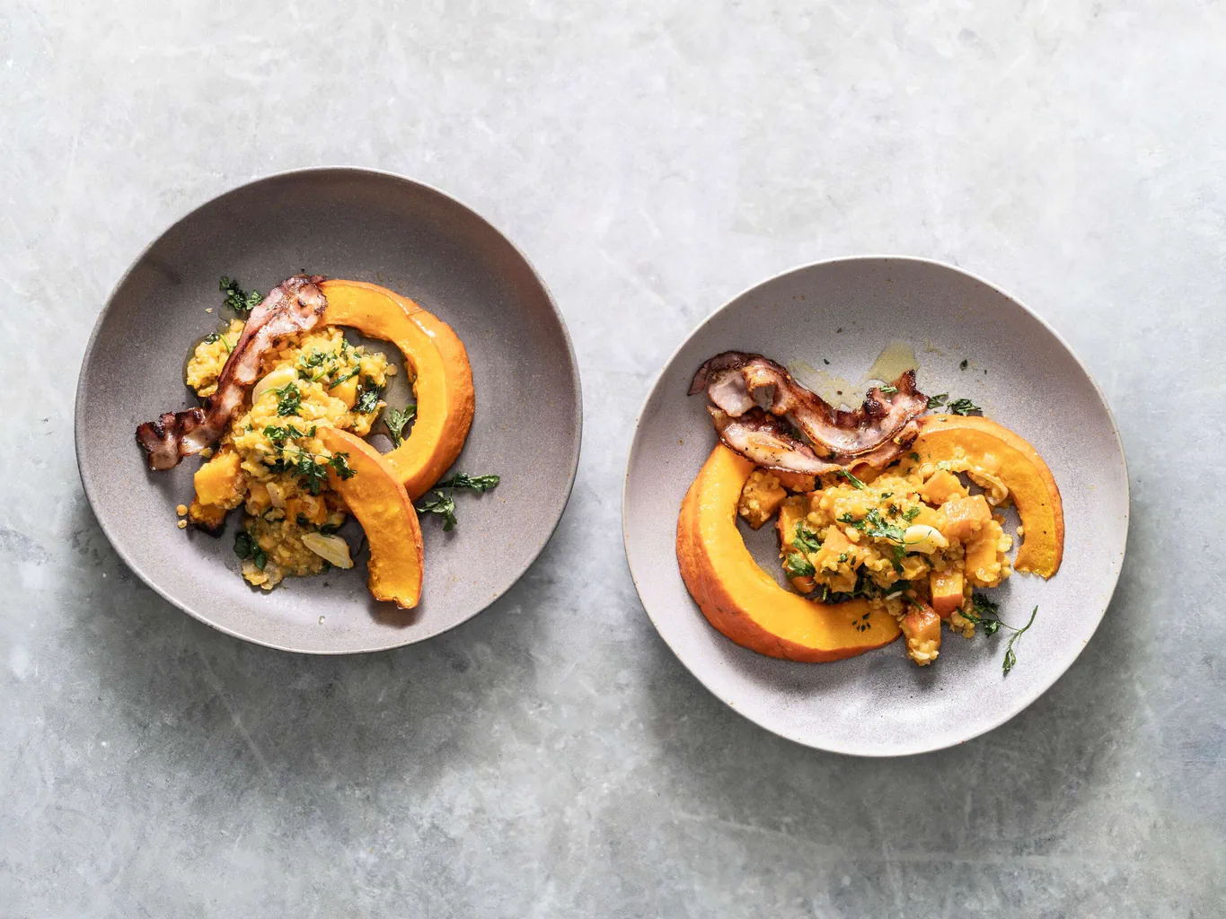 Zucca e lenticchie alla pancetta