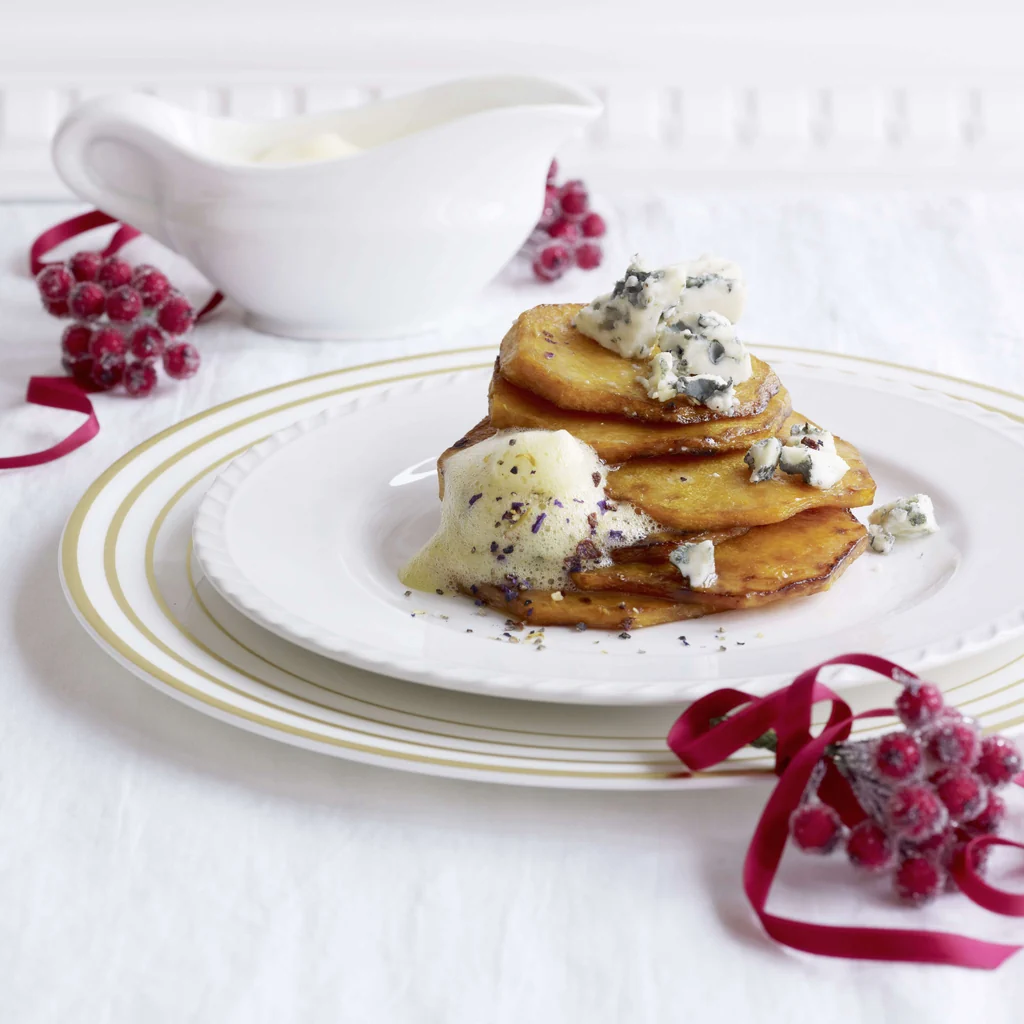Courge poêlée au roquefort et sabayon au poivre fleuri