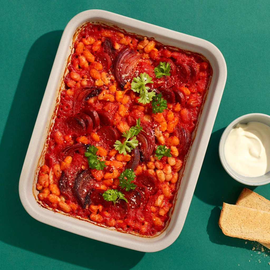 Baked beans et chorizo au four
