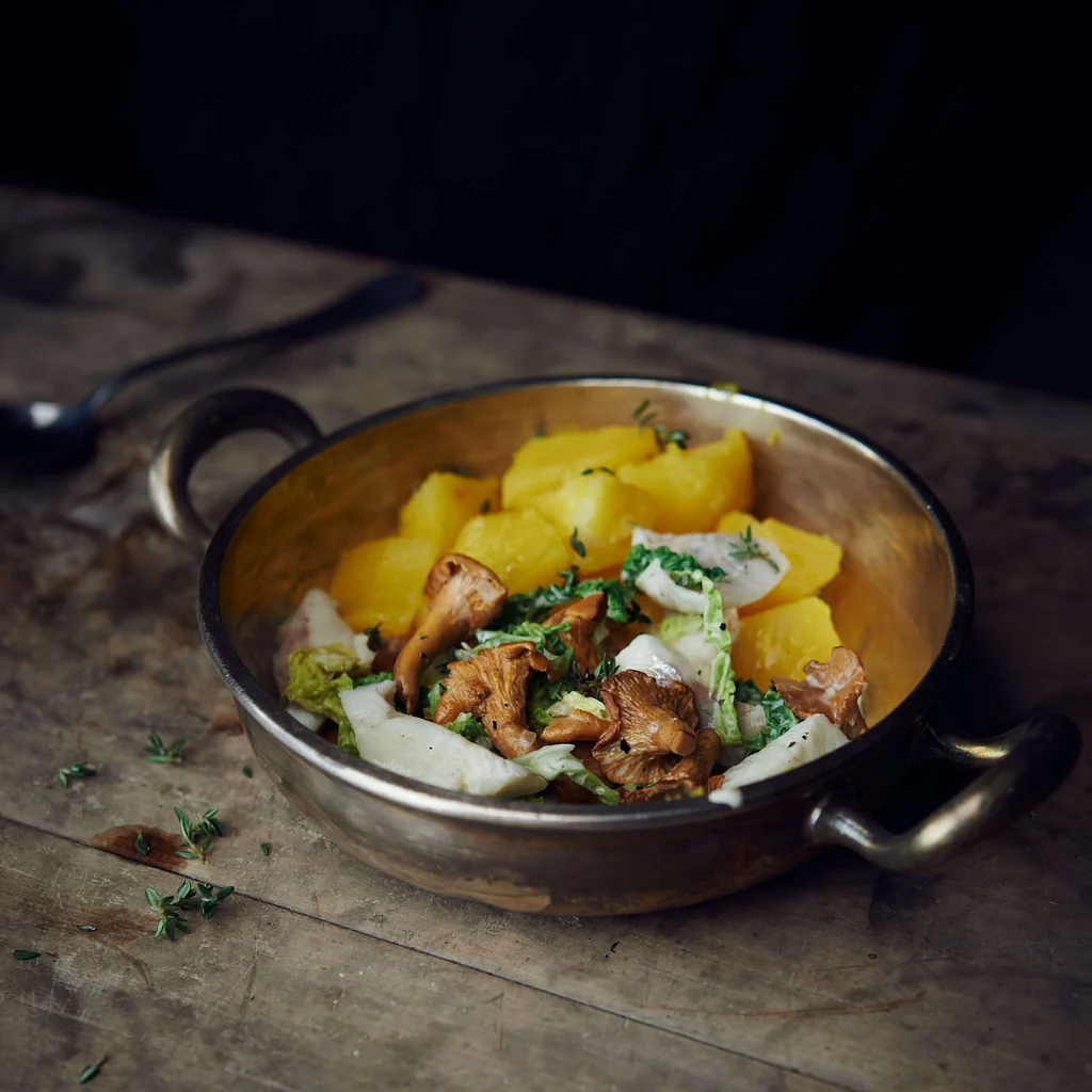 Zander-Eierschwämmli-Ragout mit Safrankartoffeln