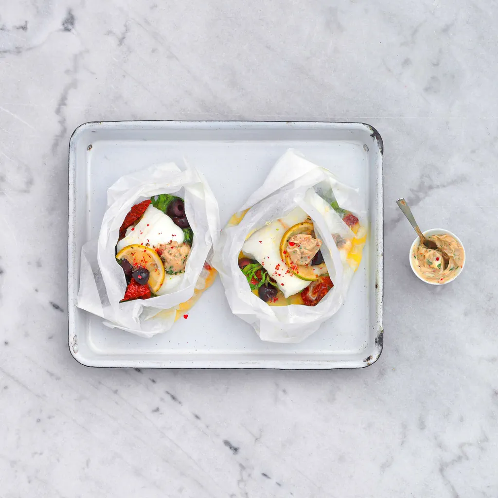 Filets de poisson en papillote avec olives et beurre balsamique