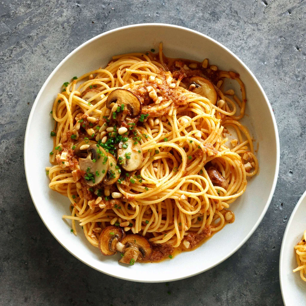 Spaghetti aux champignons et pesto rouge