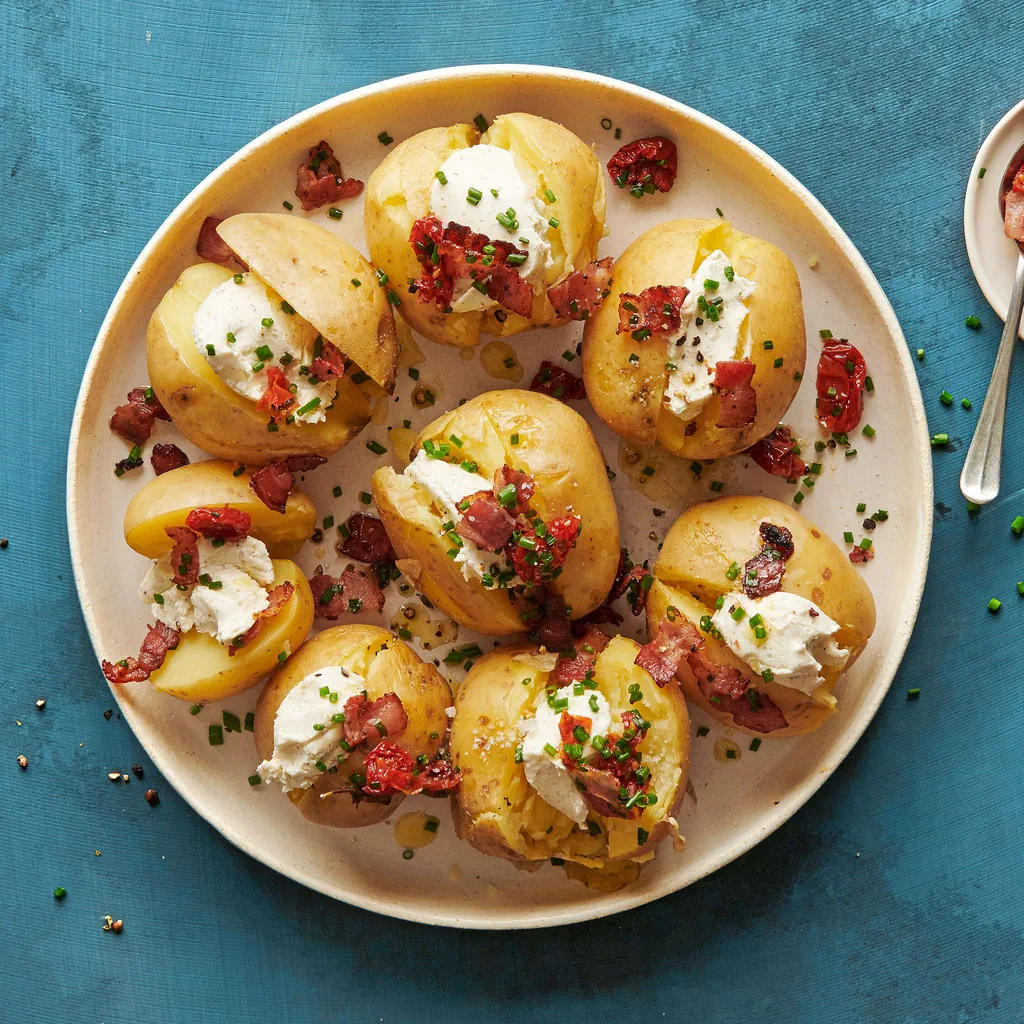 Patate bollite con Cantadou, pancetta e pomodori